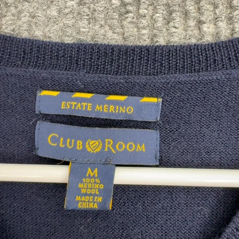 Club Room Sweater Vest Mens M Navy Blue Merino Wool Argyle V Neck Preppy Classic